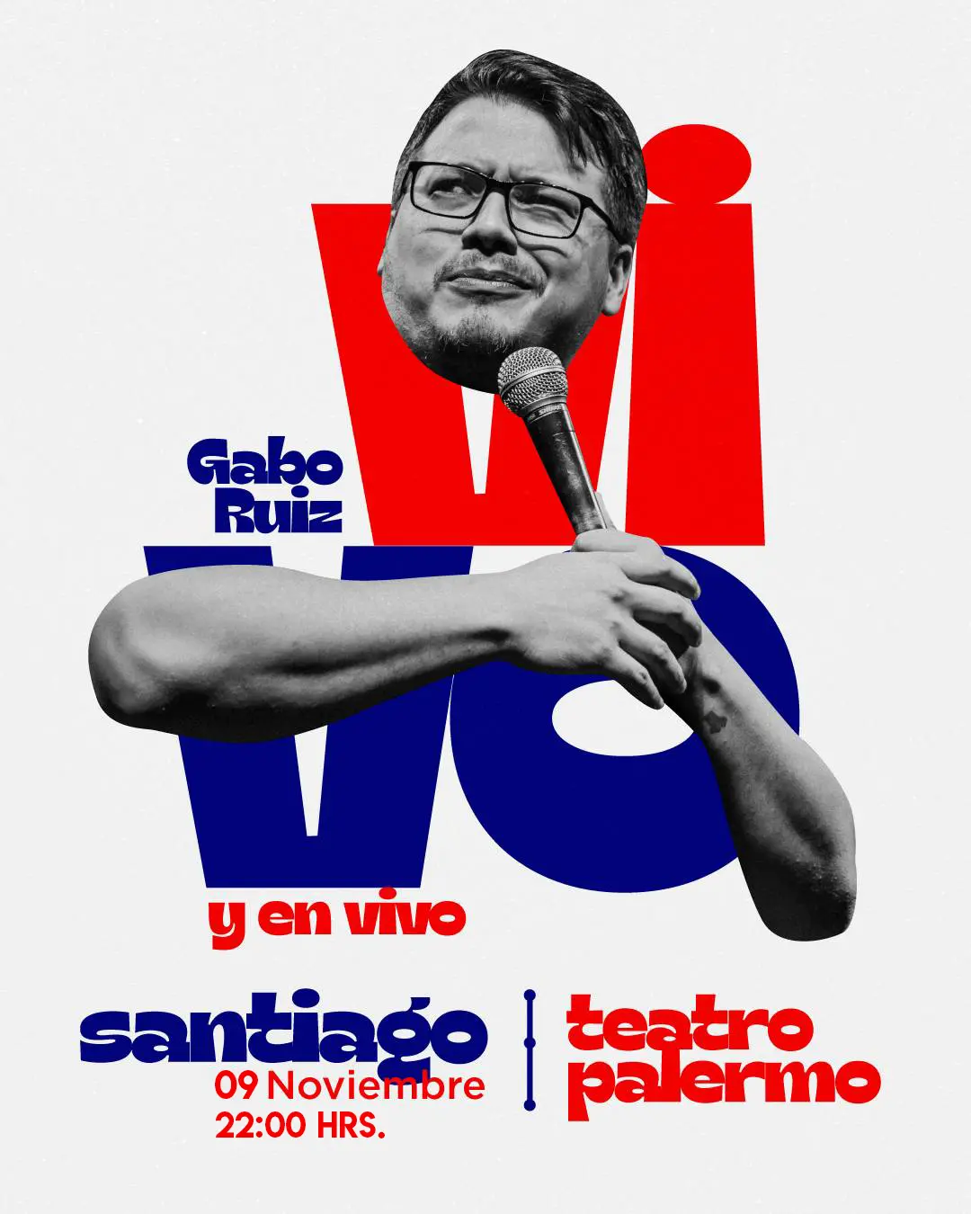 Afiche del show “Vivo y en Vivo” de Gabo Ruiz en Palermo Teatro Bar, Santiago. 9 de noviembre, 22:00 hrs. Entradas en ComedyPass.cl